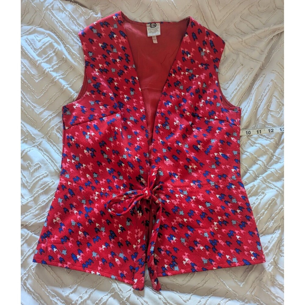 Vtg C&A Red Geometric Vest 70s 80s Western Germany Tie Waistcoat L 4th of july